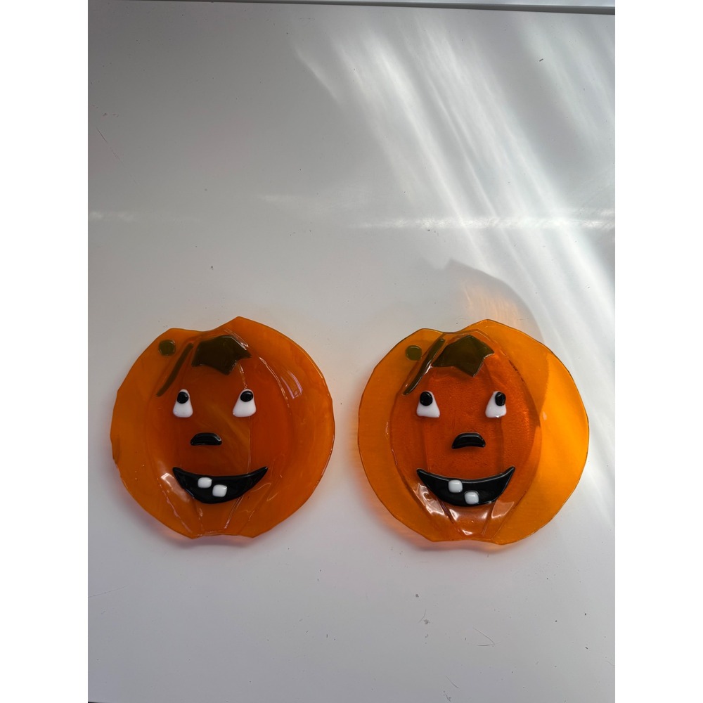 Handmade Fused Glass Pumpkin Plates Set of 2 Halloween Jack-O-Lantern Decor